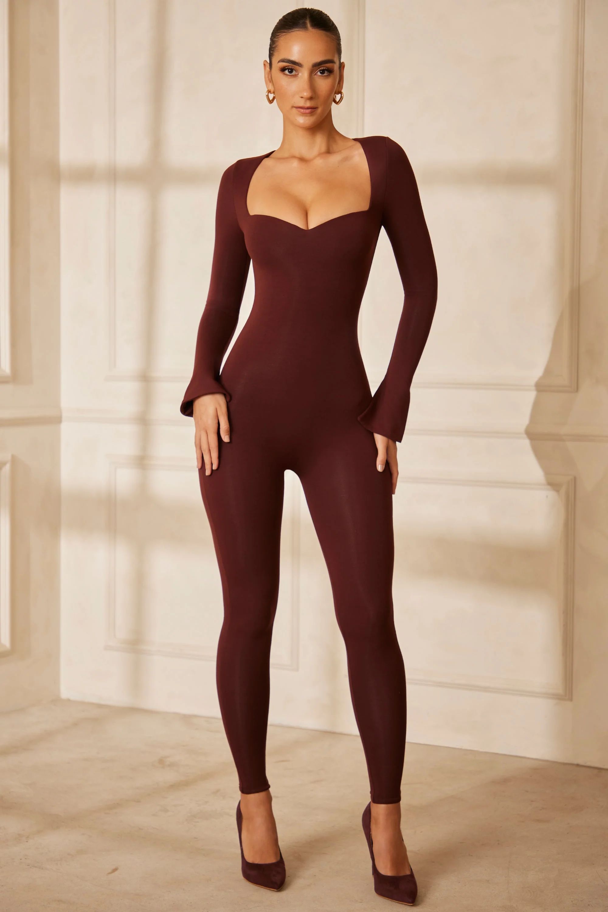 Sweetheart Neckline Long Sleeve Jumpsuit in Brown | Oh Polly