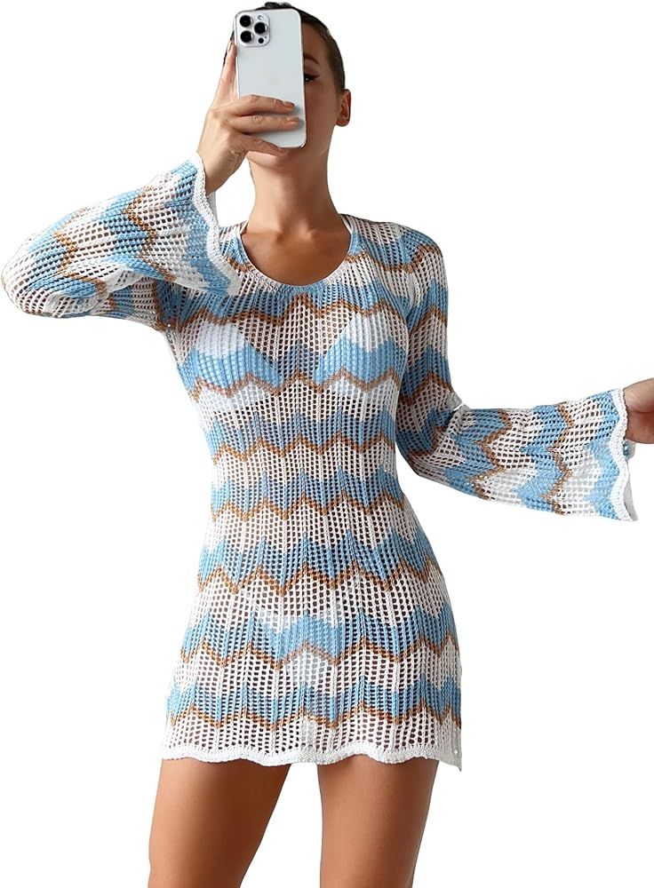 Floerns Women's Crochet Long Sleeve Tie Back Kimono Beach Cover Up Dress | Amazon (US)