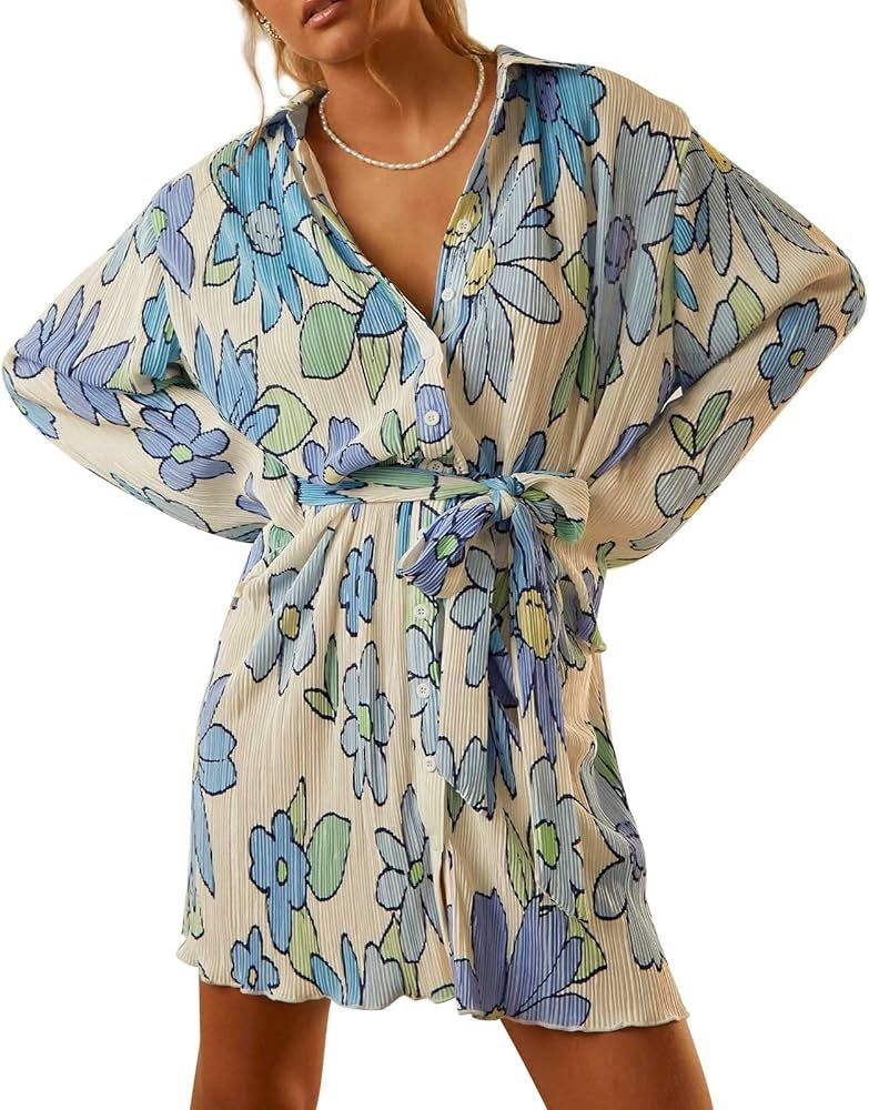 Neufigr Shirt Dresses for Women Summer Dresses Vneck Long Sleeve Mini Button Down Dress Casual Ru... | Amazon (US)