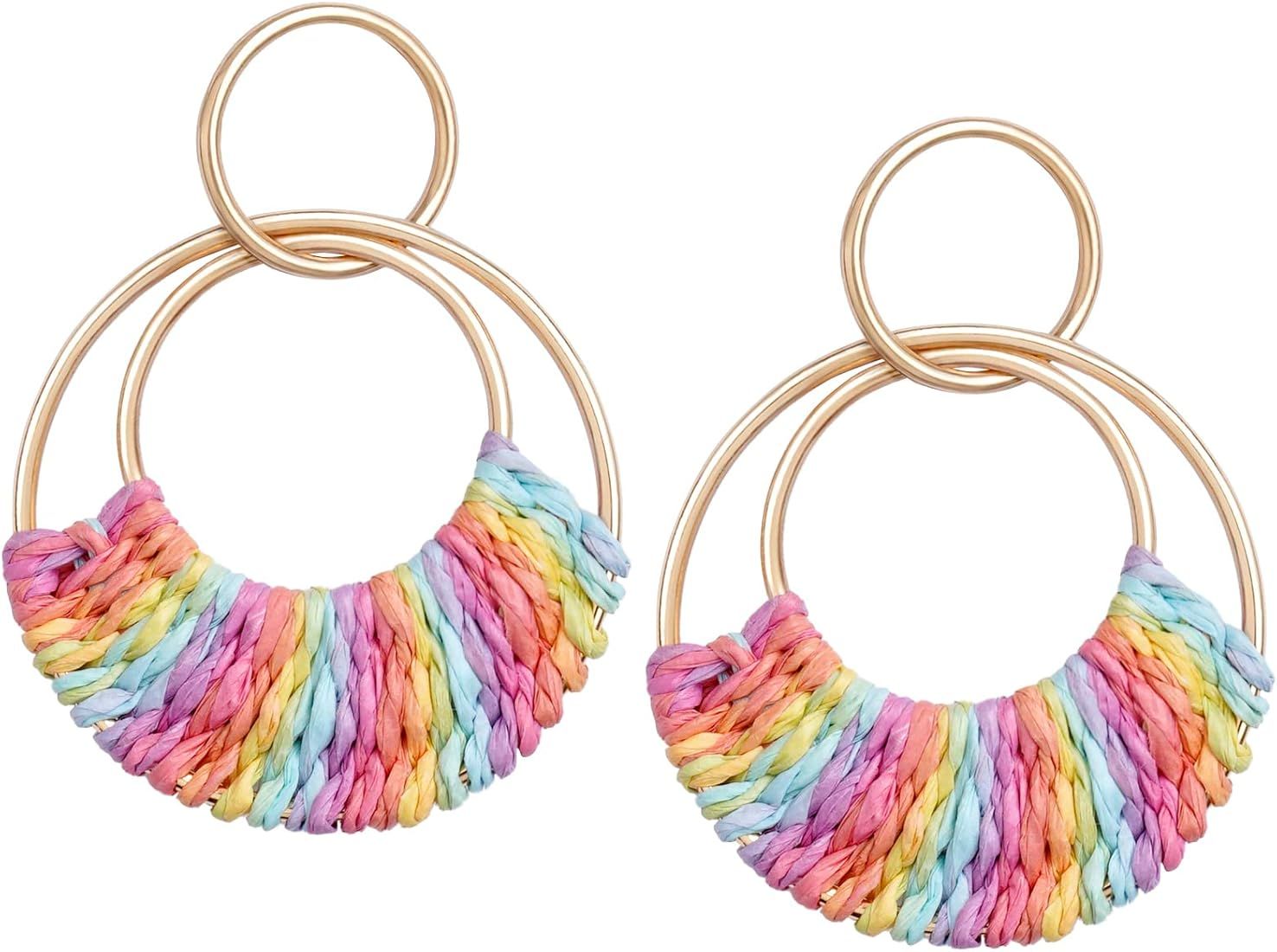 SELFWIMG Raffia Hoop Earrings for Women Girls Fun Boho Summer Beach Earrings Lightweight Handmade... | Amazon (US)