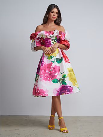floral-print off-the-shoulder flare dress | New York & Company