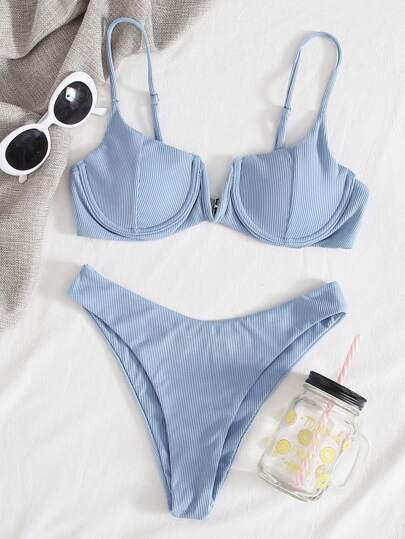 Solid Rib Push Up Bikini Swimsuit | SHEIN