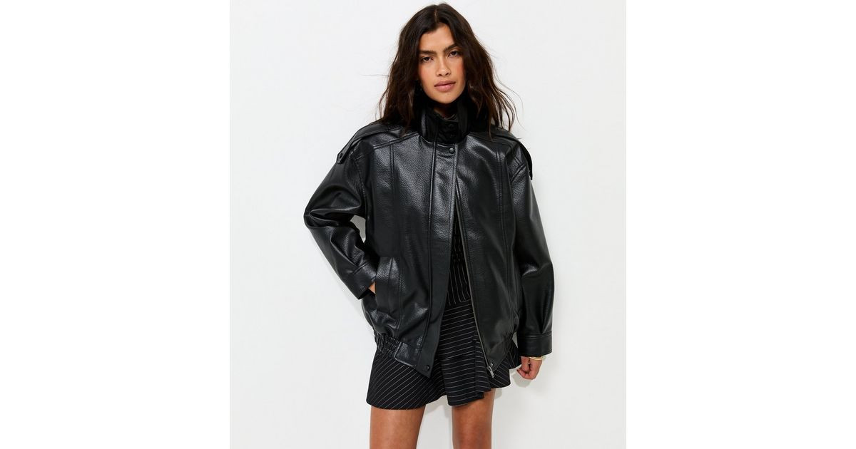 Women's Black Faux Leather Funnel Neck Oversized Jacket New Look | New Look (UK)