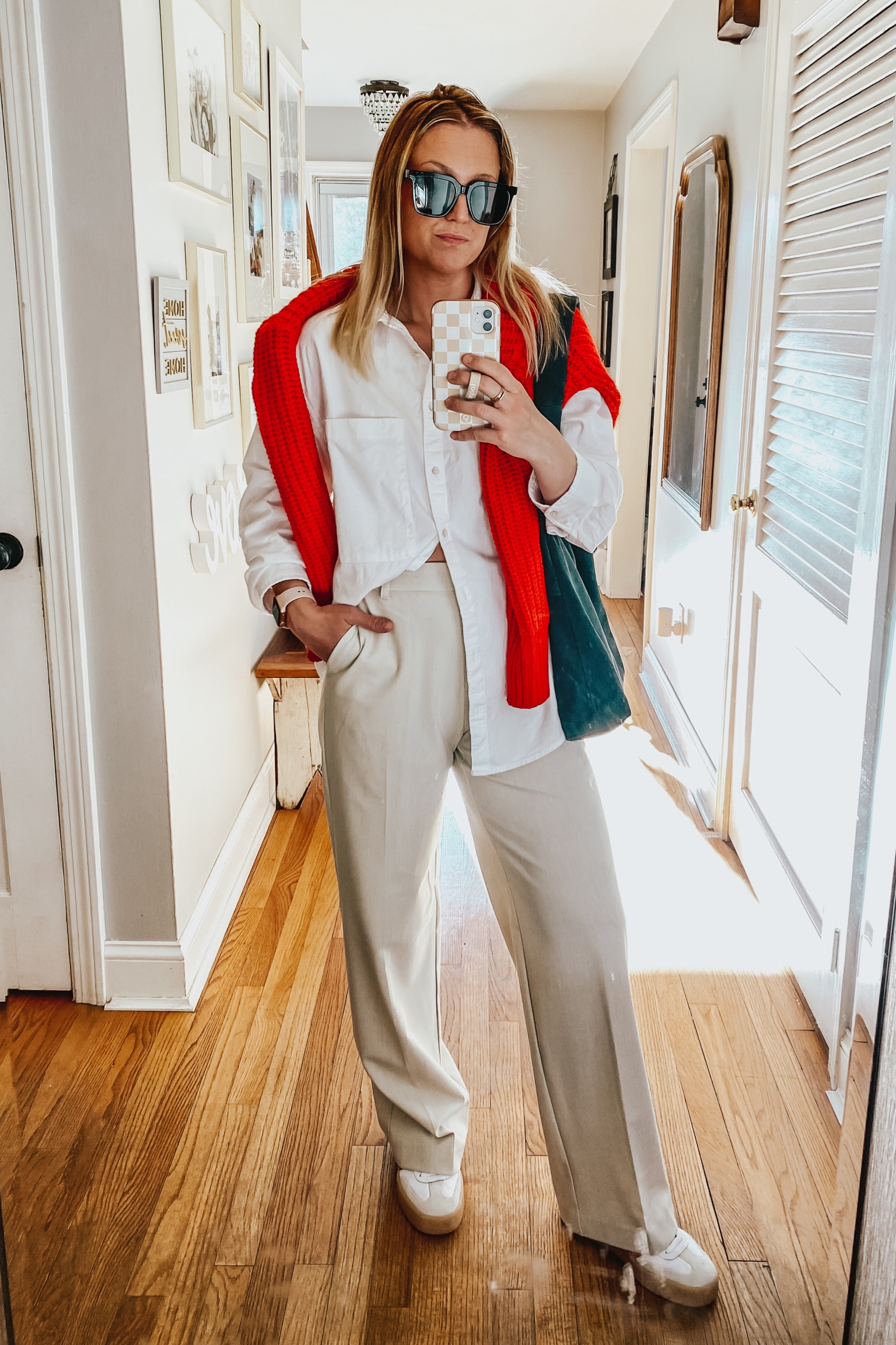 Casual work wear. Trousers, sneaks, button up, sweater. Wearing a small in the top. It is oversized  

#LTKWorkwear #LTKFindsUnder100 #LTKStyleTip