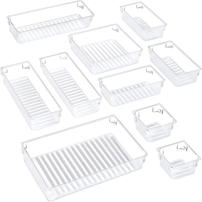 Puroma 10-pcs Desk Drawer Organizer Trays, 5 Different Sizes Large Capacity Plastic Bins Kitchen ... | Amazon (US)