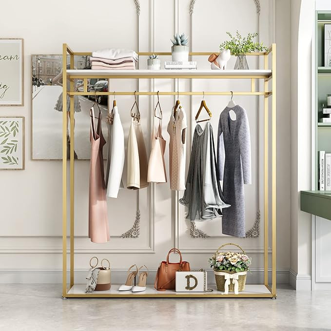 Heavy Duty Gold Clothing Rack with Shelves for Hanging Clothing, Gold Metal Freestanding Garment ... | Amazon (US)