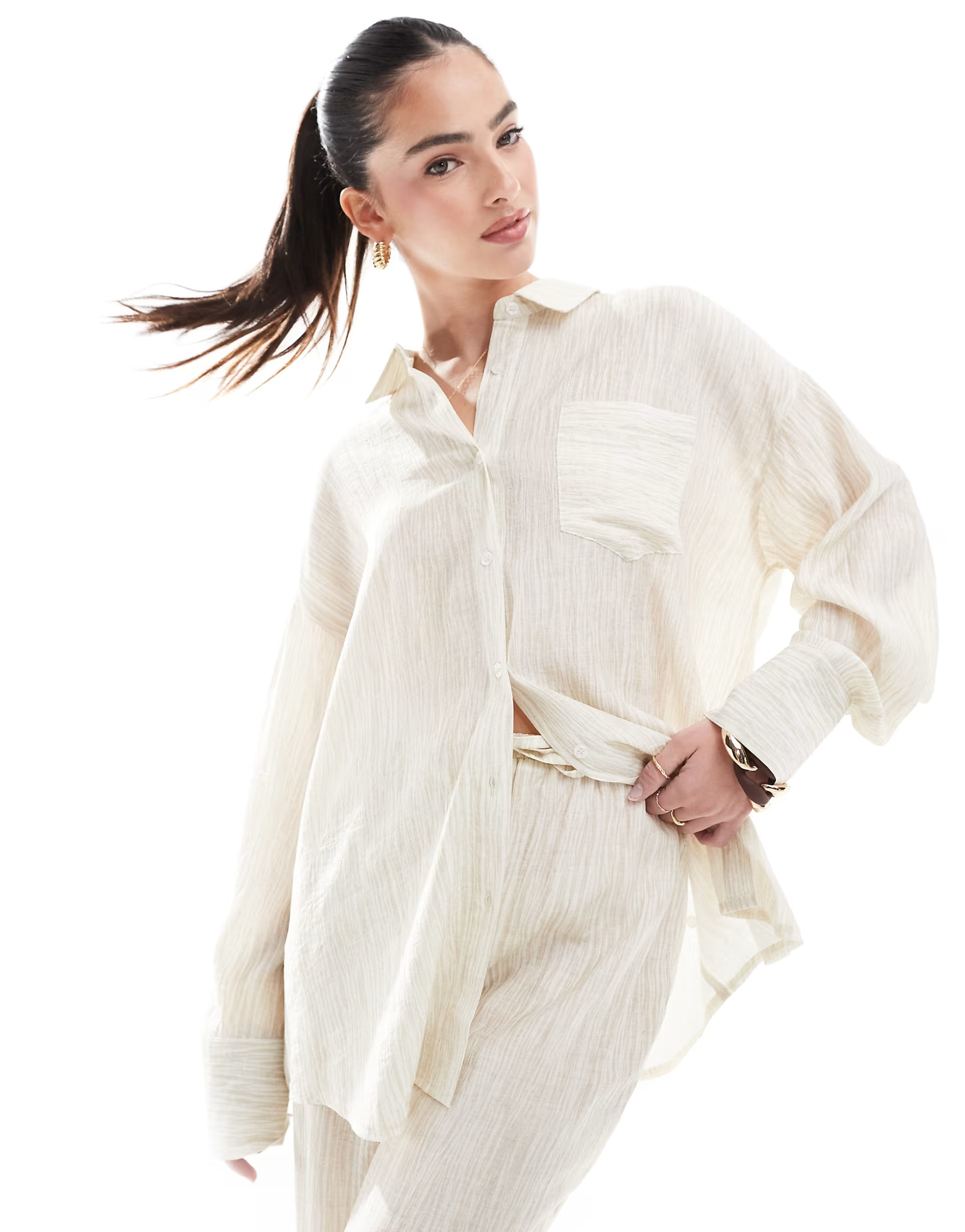 4th & Reckless lighweight textured beach shirt and trousers co-ord in beige | ASOS (Global)