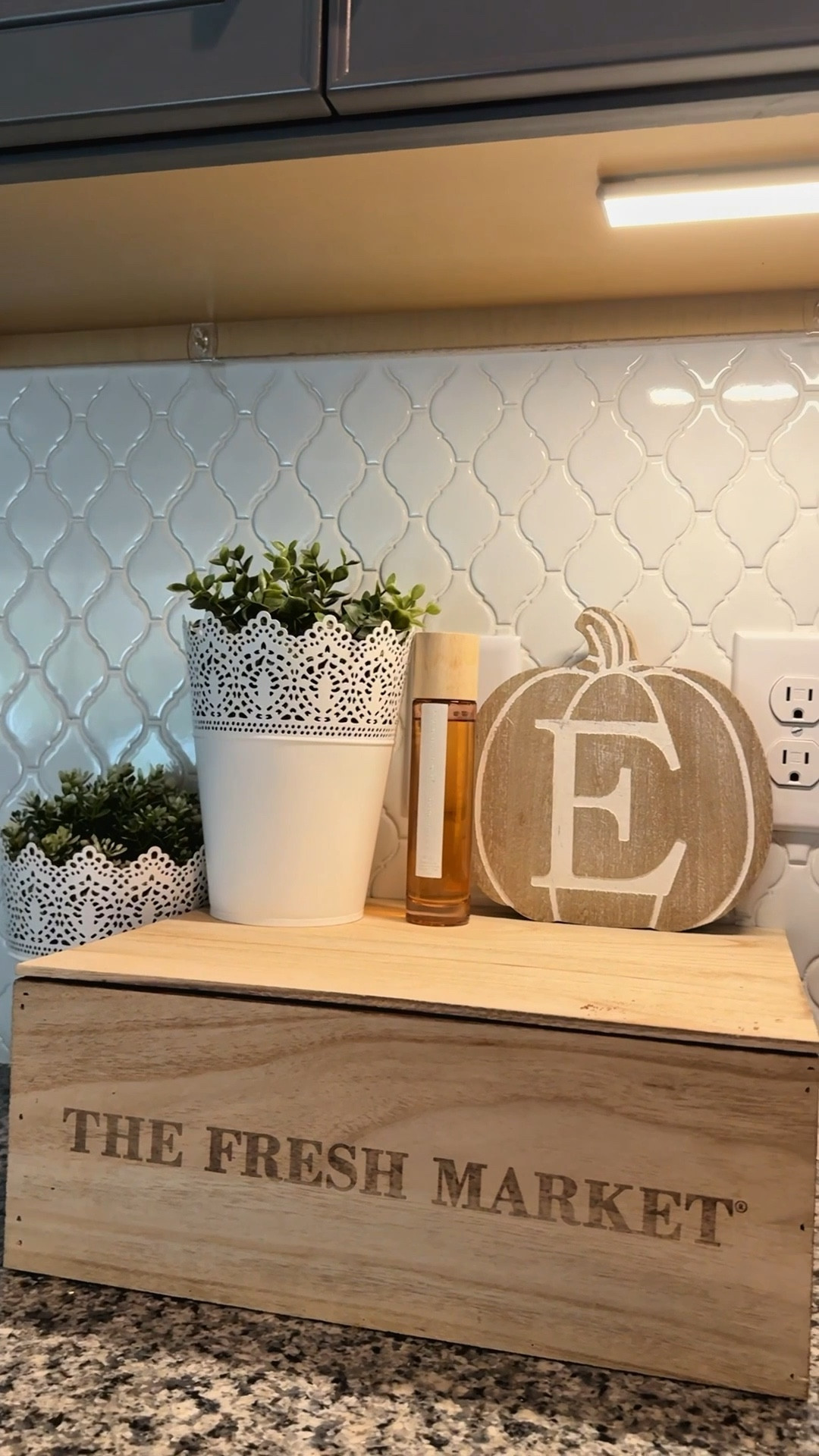 Simple fall touches go a long way 🍂✨ Swapped in a wooden pumpkin with my new initial and a cozy scented room spray 🎃 Kept it layered with my  greenery and wooden box for that effortless, cozy vibe. #LTKhome #LTKfall #falldecor #homestyling #UnderCounterLighting #SeasonalSwap

#LTKHome #LTKFindsUnder50 #LTKSeasonal