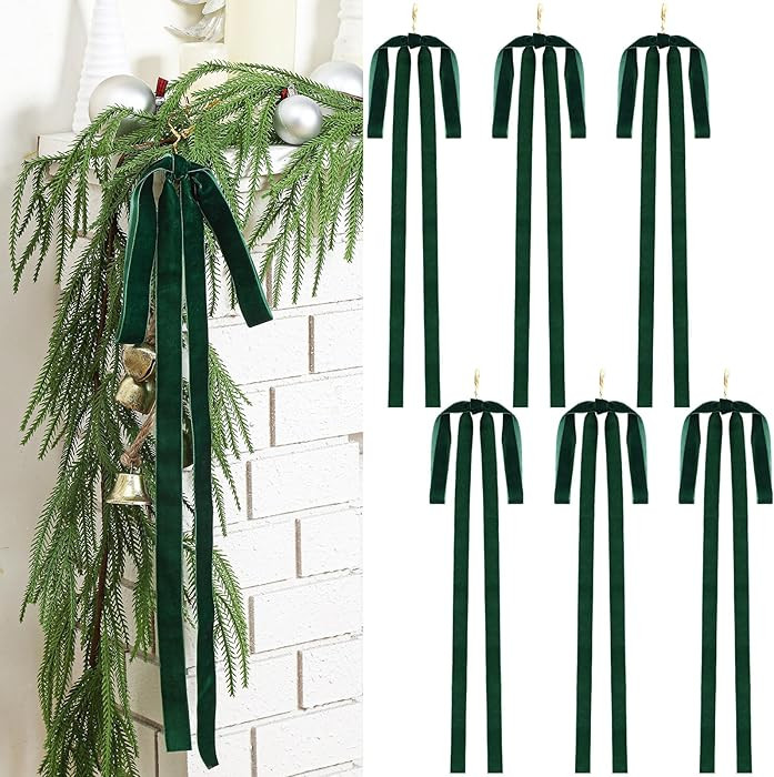 Janinka 6 Pcs Green Velvet Ribbon Bows Christmas Tree Decorations 23.5x15.5 Inch Rustic Neutral L... | Amazon (US)