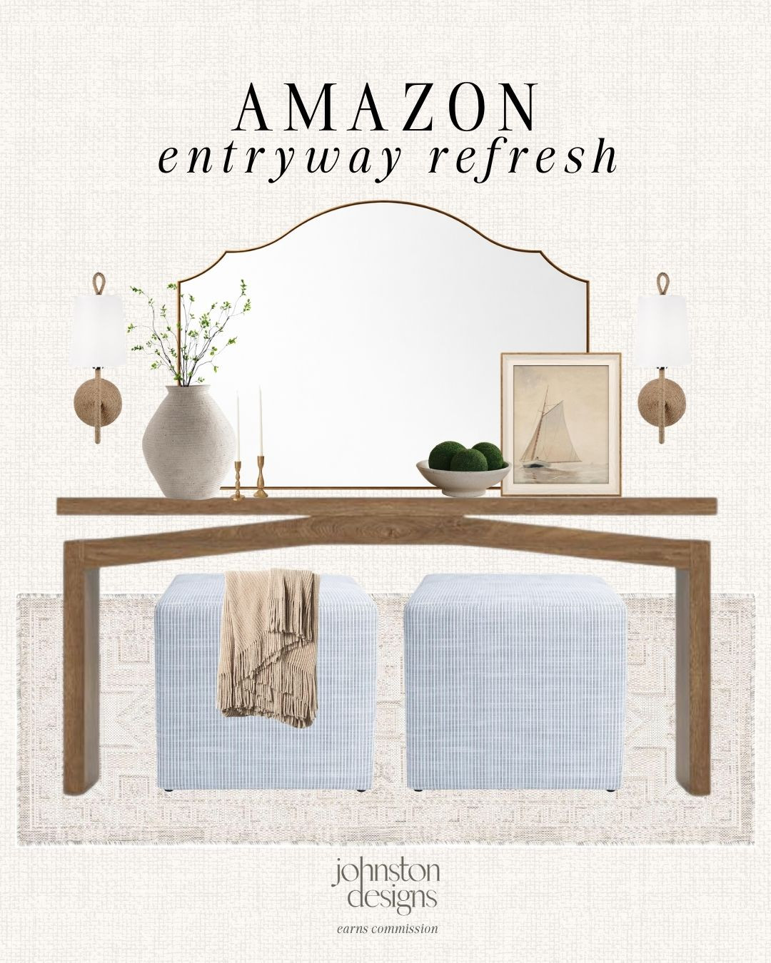 Amazon entryway refresh. Warm wood console table styled with a soft neutral rug, blue striped ottomans, sculptural vases, greenery and brass accents for a clean, modern organic look. A simple way to create a calm, elevated first impression in your home.

#amazonhome #entrywaydecor #modernorganic #neutralhome #homedecorfinds #entrywayinspo #coastalstyle #woodfurniture #amazonfinds #ltkhome #roominspo  

 #LTKHome