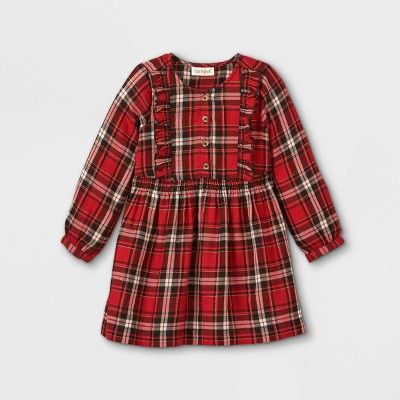 Toddler Girls' Sparkle Plaid Button-Front Long Sleeve Dress - Cat & Jack™ Red | Target