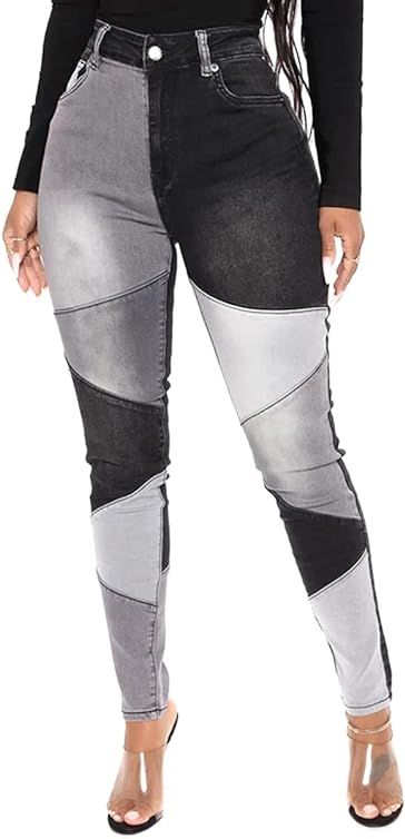 vanberfia Women Mid Waist Stretchy Patchwork Denim Pants Jeans… | Amazon (US)