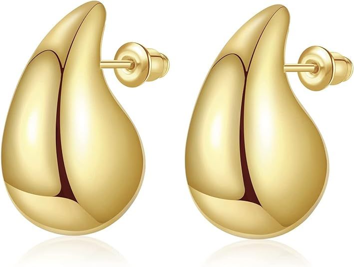 Chunky Gold Hoop Dupes Earrings for Women, Lightweight Tear Drop Hoops, Hypoallergenic Earrings T... | Amazon (US)