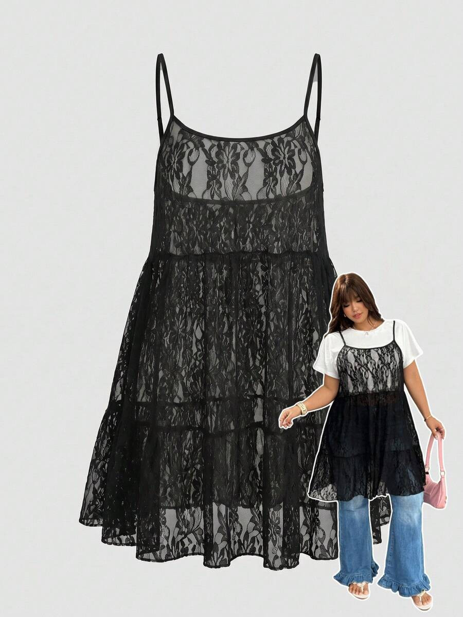 GalTyme Plus Size Women's Summer Autumn Contrast Lace Ruffle Hem Cami Dress Wedding Party Guest N... | SHEIN
