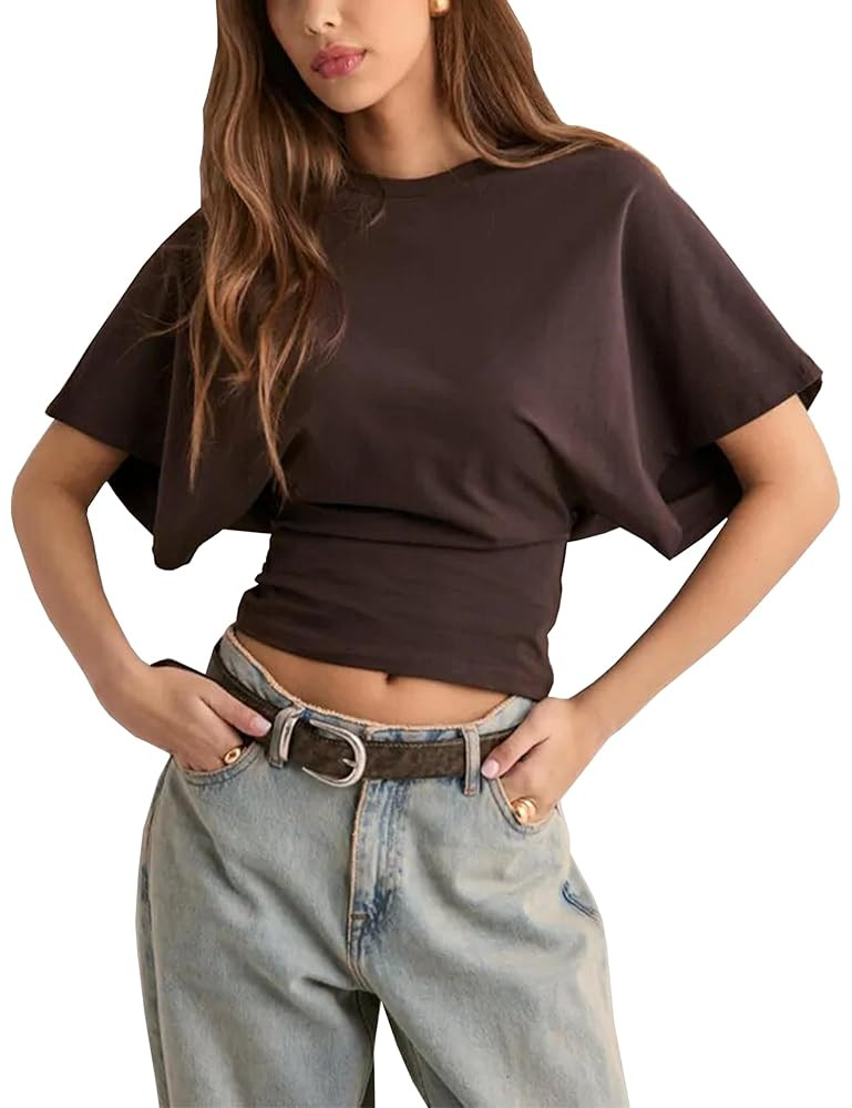 Lumister Shirts for Womens Crewneck Tighten Waist T-Shirt Casual Short Sleeve Workout Tops Solid ... | Amazon (US)
