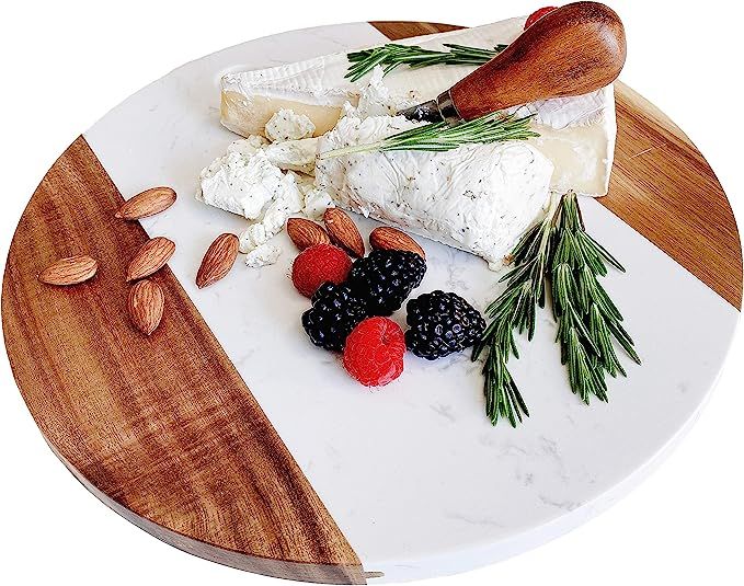 Marble and Wood Cheese Board with Handle 11 inch - Beautifully Handcrafted - Round Charcuterie Bo... | Amazon (US)