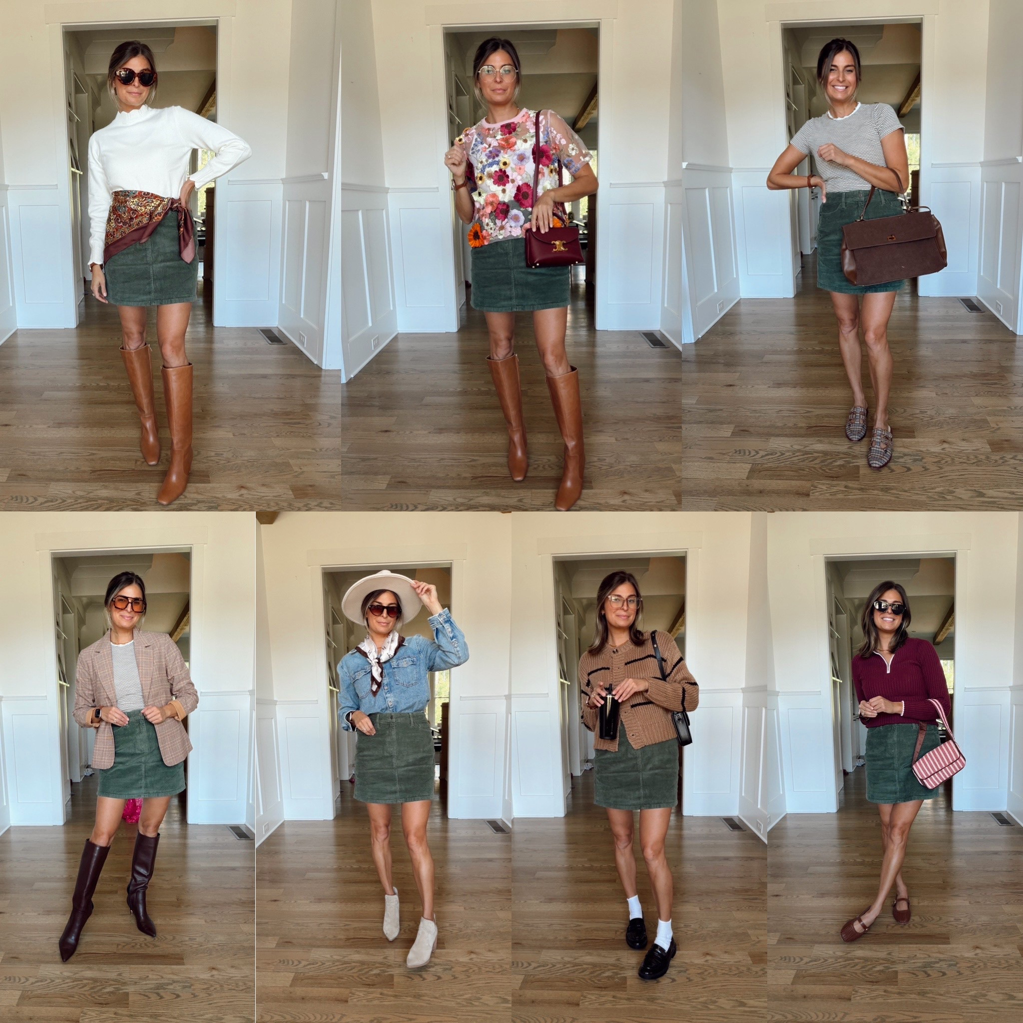 Skirt - wearing a 4 and it had room to tuck in tops without being too short . Really like the fit and quality. Unfortunately it’s sold out of a few sizes but comes in 3 new colors yay! 

Top 1 - TTS , boots TTS 
Top 2 - in a small get compliment every single time I wear it 
Top 3 - runs small and I shrunk it so size up one 
Top 4 (blazer) sized down 
Top 5 got a medium petite because that’s all they had but fits great and very soft 
Top 6 cozy sweater TTS 
Top 7 TTS