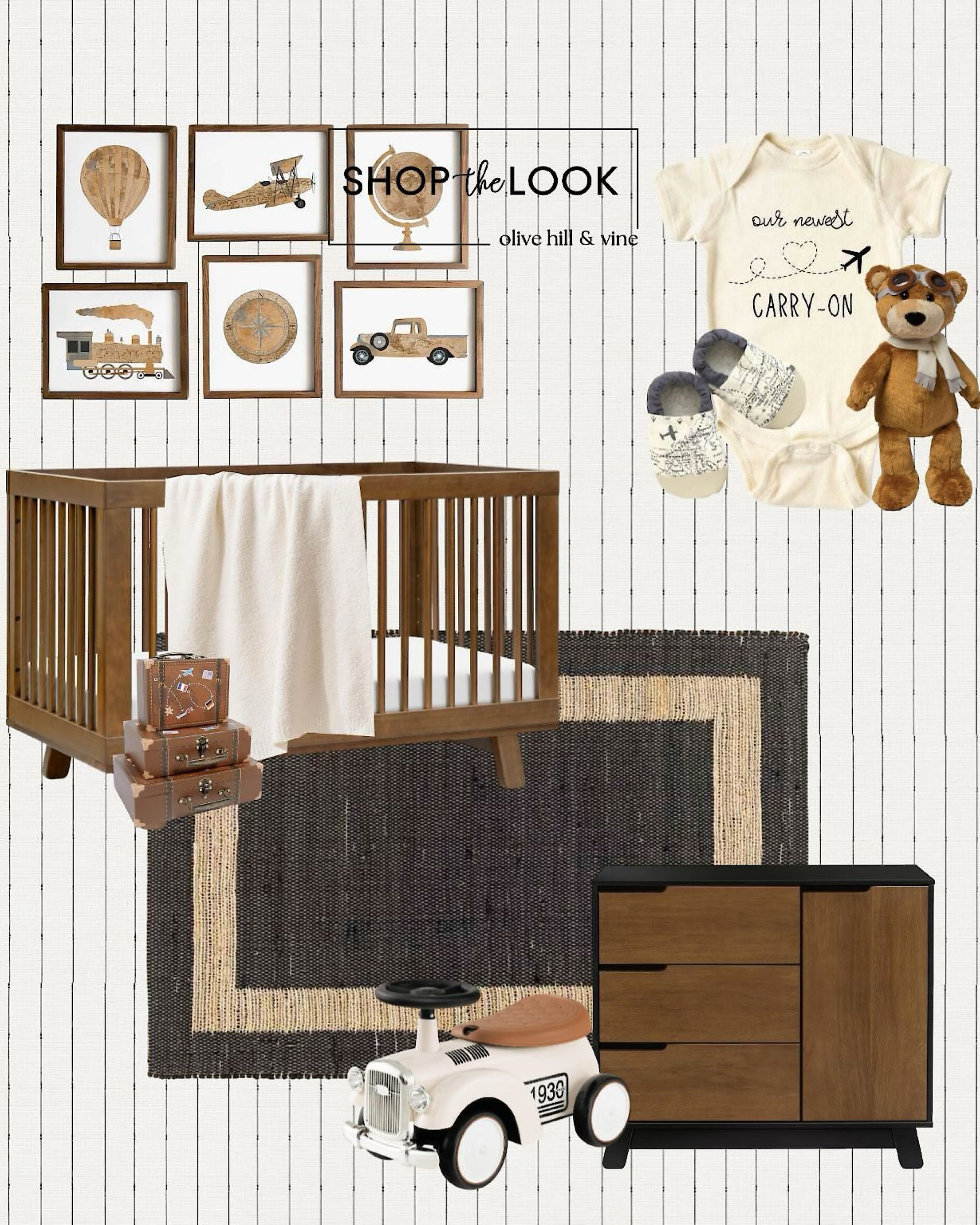 Step into a world of adventure with this boy's travel-themed nursery! Featuring a walnut convertible crib, black 3-drawer dresser, stitched pattern wallpaper, and a set of vintage travel prints. Complete with an aviator teddy, ride-on car, and charming travel onesie. 

#LTKBaby #LTKBump #LTKHome
