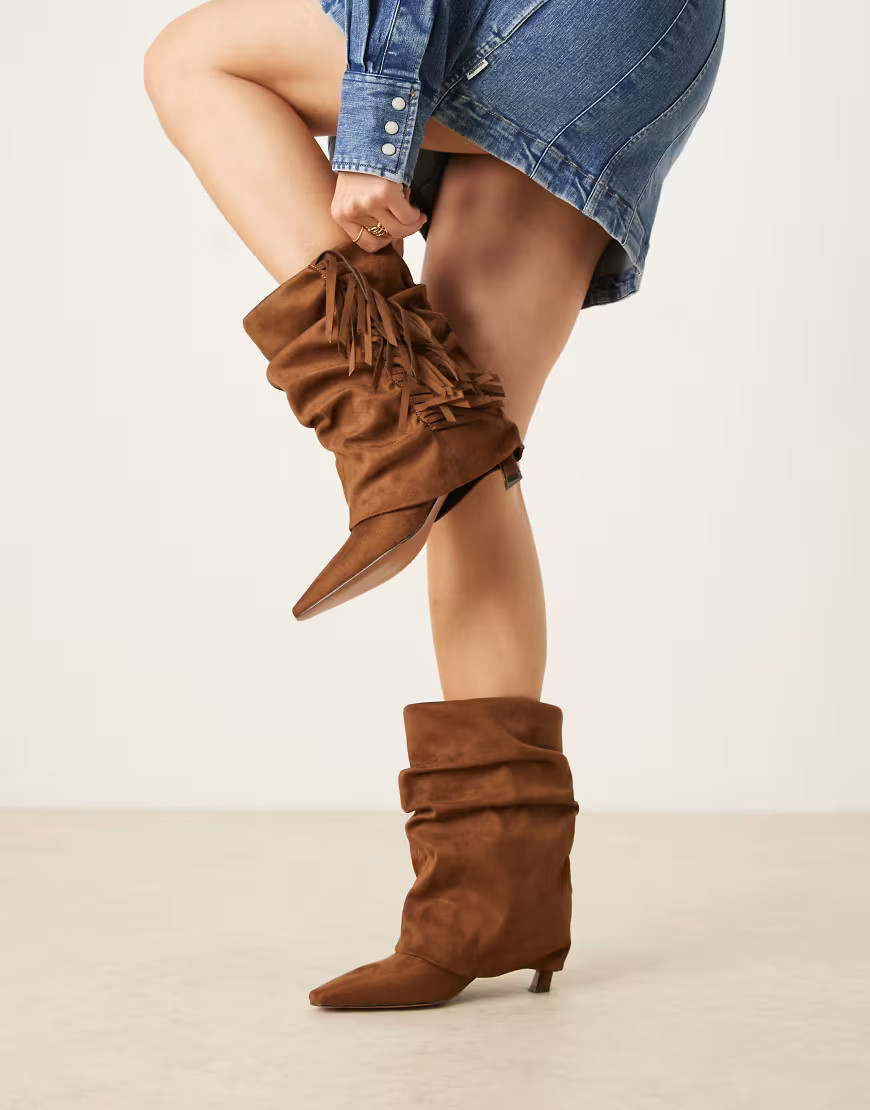 ASOS DESIGN Cordelia slouch pull on fringe boots in tan suedette-Brown | ASOS (Global)