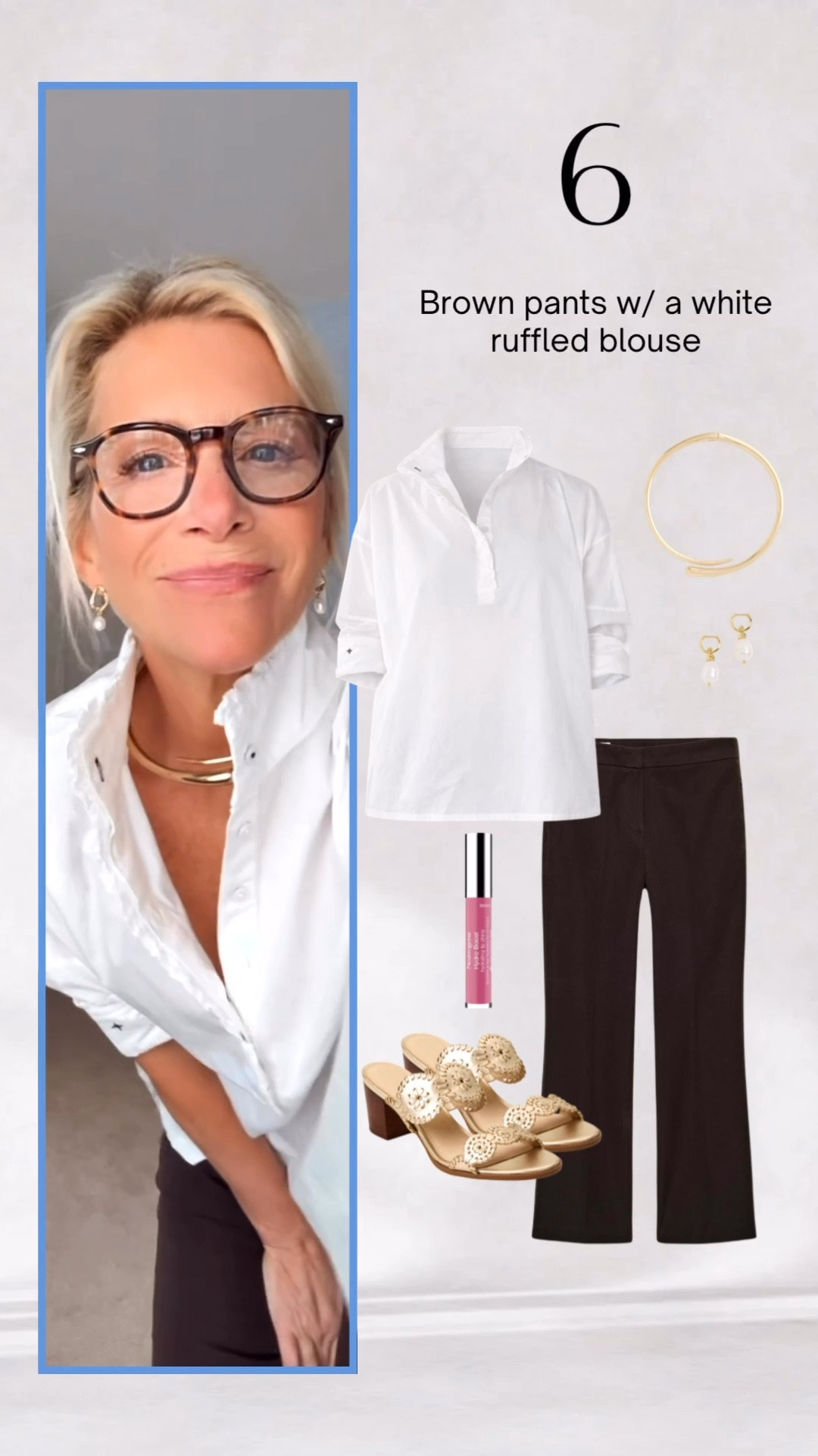 Soft ruffle blouse outfit with tailored brown trousers.

#LTKOver40 #LTKootd