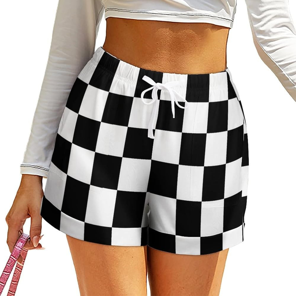 SEPTYK Black White Race Checkered Flag Pattern Womens Casual Shorts High Waisted Loose Summer Wai... | Amazon (US)