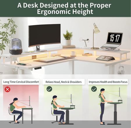Powerful Triple Motor: The triple motor stand up desk is faster, smoother, and more durable than dual motors. max load capacity 330lbs, lifting speed:35mm/s
Meet More Needs: The L-shaped standing desk includes a built-in power strip with 2-outlets&1 USB &1 Type-C port, a full monitor stand for an Ergonomic eye view, and more space for organization, the desk also has 3 preset buttons to customize your desired heights from 27.56" to 47.24" with the collision-avoiding feature
Smart&Surrounded LED Strips: The 92 inches long Led stipes ensure you enjoy yourself in the ambiance lighting, which has 358 pre-setting modes. Pick up your favorite color and set it with the remote
Large Working Space: The L-shaped standing desk provides a large 63"(L)*24"(W) work surface for home office work, paperwork, gaming, and various scenario