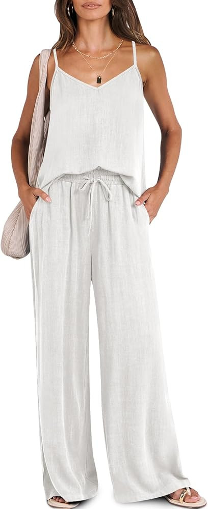 ANRABESS Women's 2 Piece Linen Lounge Set Casual Matching Pants Jumpsuit Summer Beach Travel Vaca... | Amazon (US)