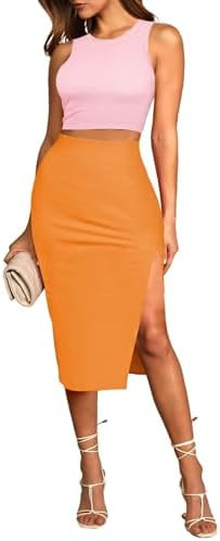 Pink Queen Women's 2 Piece Crew Neck Sleeveless Ribbed Tank Top Bodycon Slit Midi Skirt Outfit Dr... | Amazon (US)
