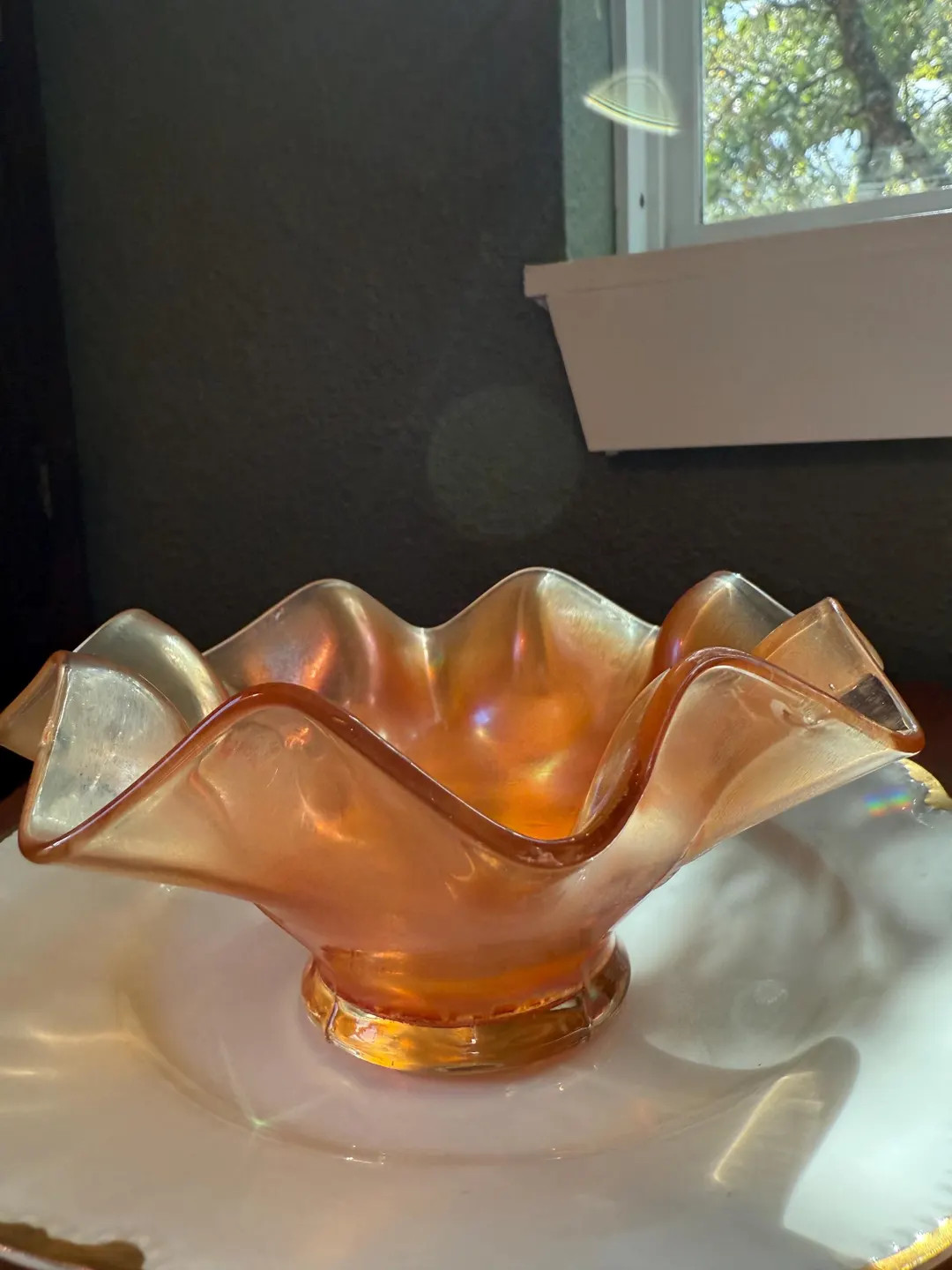 Carnival Glass Iridescent Amber Orange Pressed Vintage Glass 7 in Fall Decor Bowl Serving Dish Ca... | Etsy (US)
