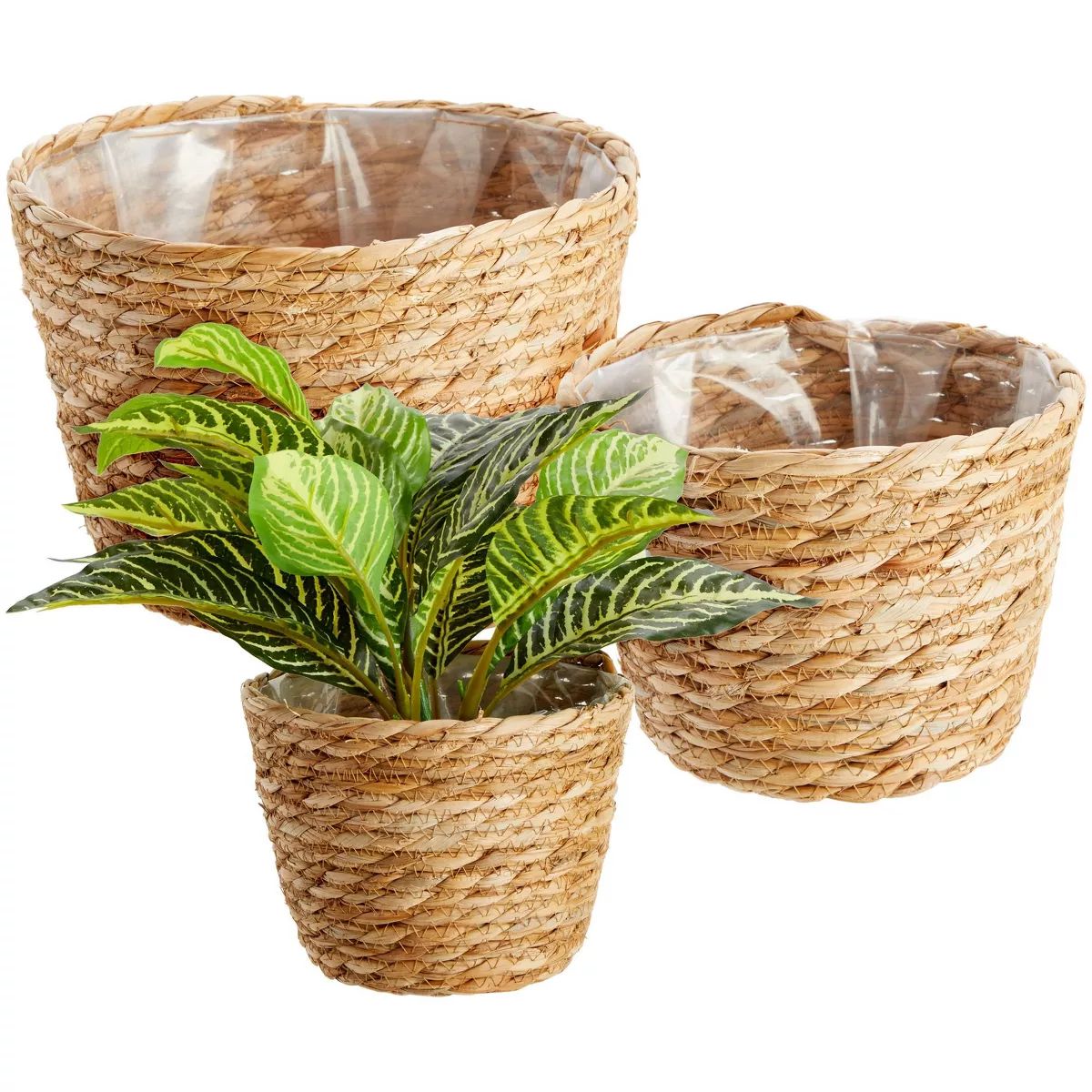 Juvale 3 Piece Seagrass Planter Pots Set with Plastic Lining, 3 Woven Baskets for Indoor & Outdoo... | Target