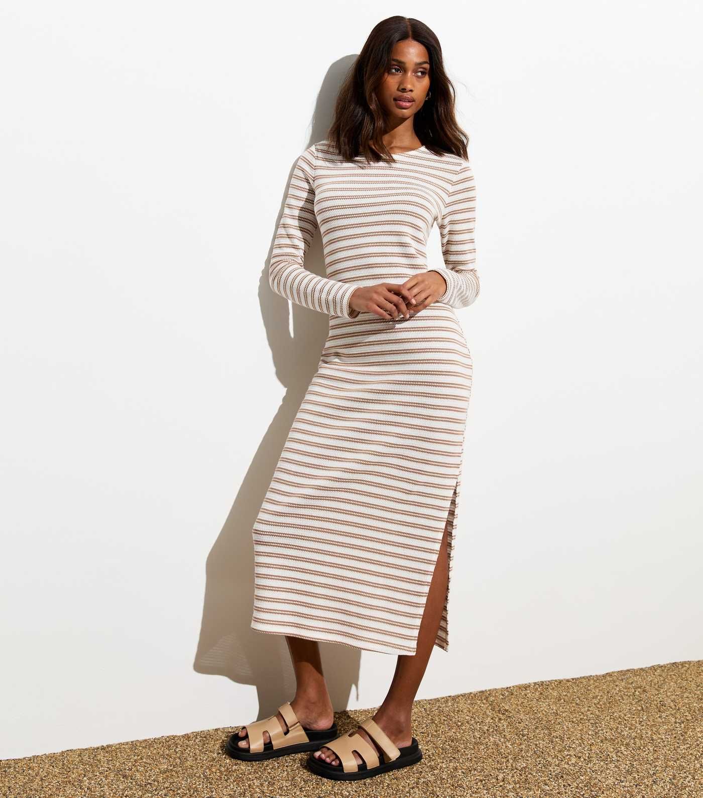 Brown Stripe Knit Split Hem Midi Dress | New Look | New Look (UK)