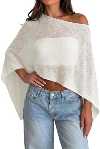 Womens Sheer Poncho Top Y2k Knitted Summer Asymmetrical Mesh Shawl Pullover Sweater Cover Up Tops | Amazon (US)