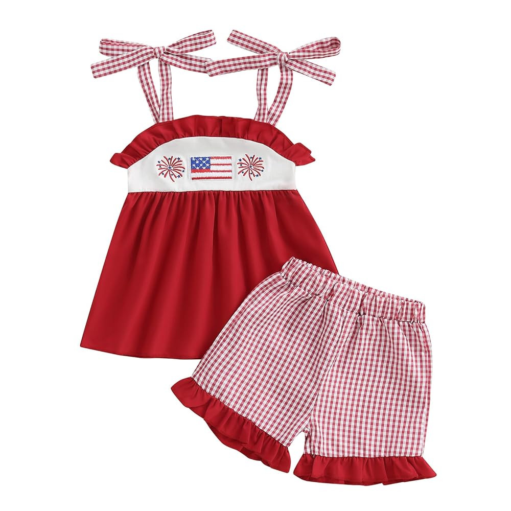 DuAnyozu 4th Of July Toddler Girl Outfit Tie Knot Shoulder Sleeveless Ruffle Tops Plaid Baby Shor... | Amazon (US)