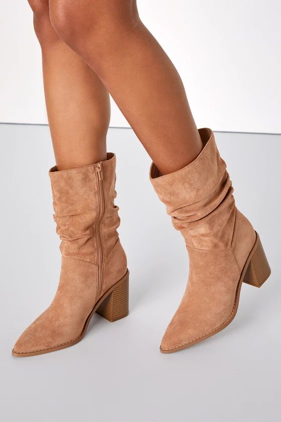 Penelopie Light Nude Suede Pointed-Toe Mid-Calf Boots | Lulus