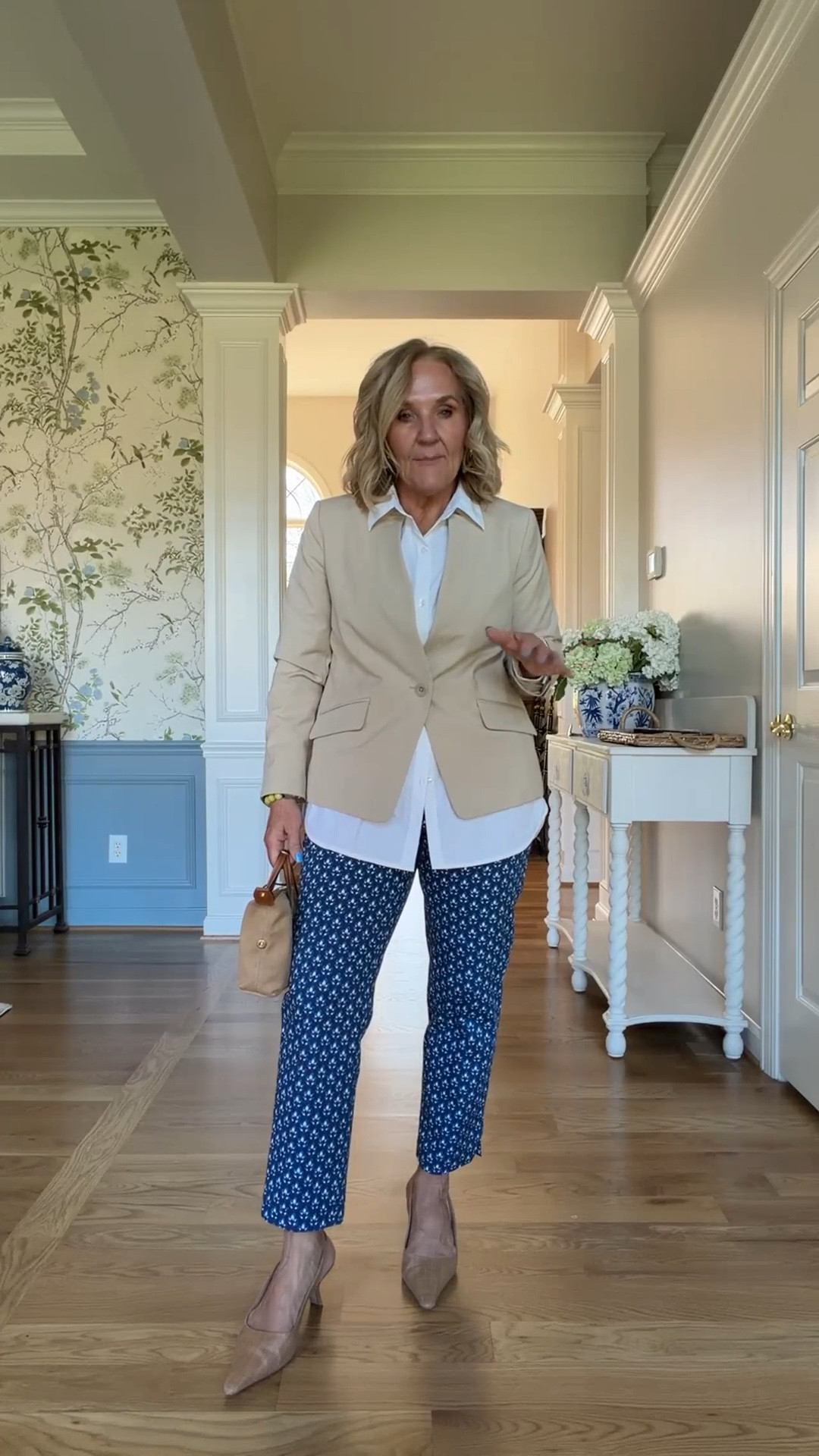 Talbots work wear 
Blazer is a beautiful performance fabric with very little wrinkling size 10 petite
blouse size small also performance fabric
pants size 8 petite dress up or wear casually
my favorite slingbacks great for work or elevating any style I size up to a 10 for extra room in the toes 

 

#LTKOver40 #LTKSaleAlert #LTKWorkwear