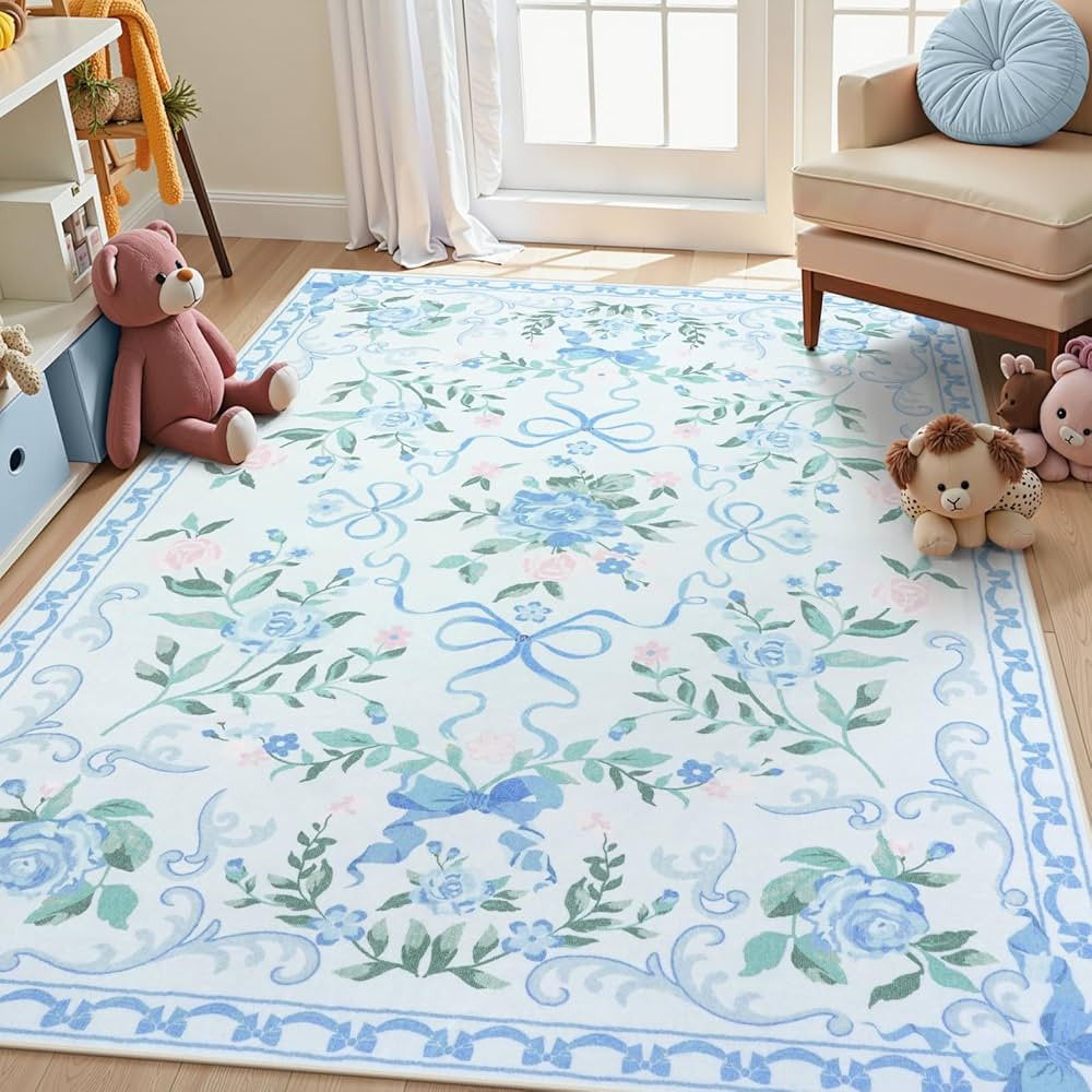 Collive Blue Floral Rugs for Girls, 5x7 Washable Bow Area Rug for Living Room, Cute Ultra-Thin No... | Amazon (US)