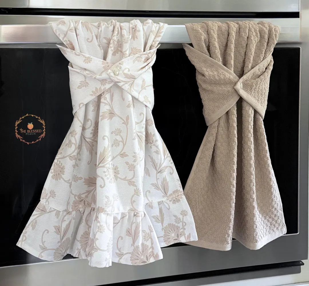 Floral Ruffle Kitchen Towel: Tan Neutral Farmhouse Dish Towel set, neutral kitchen decor, kitchen... | Etsy (US)