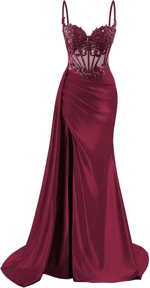 Spaghetti Straps Satin Prom Dresses Long Lace Appliques Formal Party Dress VS126 | Amazon (US)