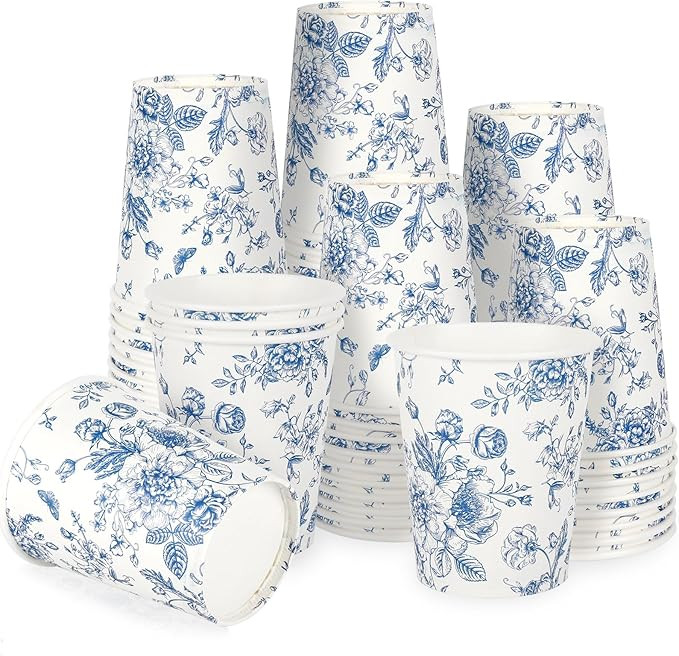 50Pcs Floral Paper Cups 9oz Blue White Flowers Disposable Cups Vintage Floral Party Drinking Cups... | Amazon (US)