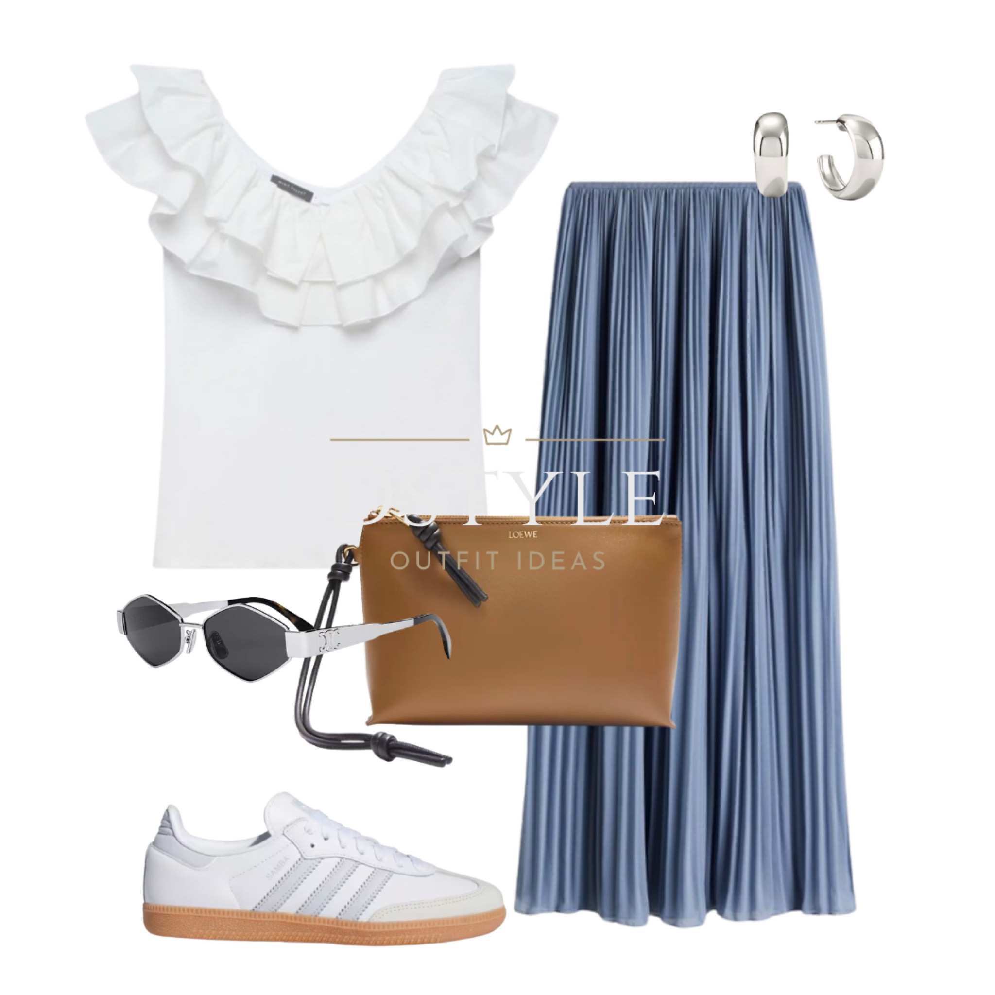 White ruffle top, dusty blue pleated chiffon skirt, matching Adidas Samba, Celine Sunglasses, brown leather pouch bag. Tan clutch, Summer outfit, ootd, Summer Fashion, Chic Look, Trendy Outfit, Casual Elegance, Street Style, Fashion Inspiration

#LTKstyletip #LTKworkwear #LTKfindsunder50