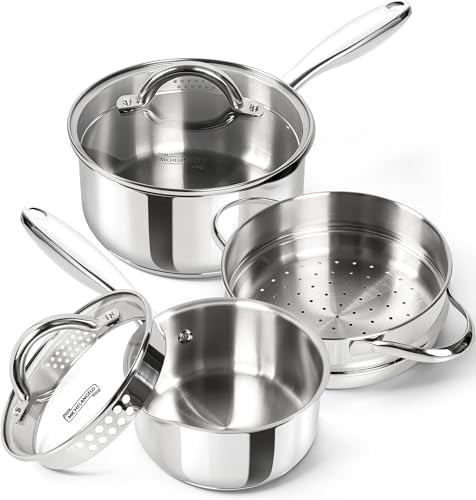 MICHELANGELO Stainless Steel Sauce Pot Set with Steamer 5Pcs, 18/10 Saucepan Set with Pour Spout & Strainer Glass Lids, Sauce pan with Triply Bottom Induction Compatible - 1QT & 2QT | Amazon (US)