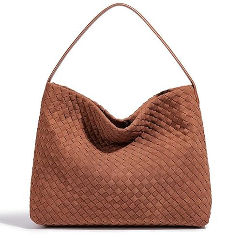 UUXUUX Woven Suede Leather Shoulder Bag for Women – Elegant Suede Hobo Tote Bag, Stylish Woven Handbag Fashionable Shoulder Purse (Brown) | Amazon (US)