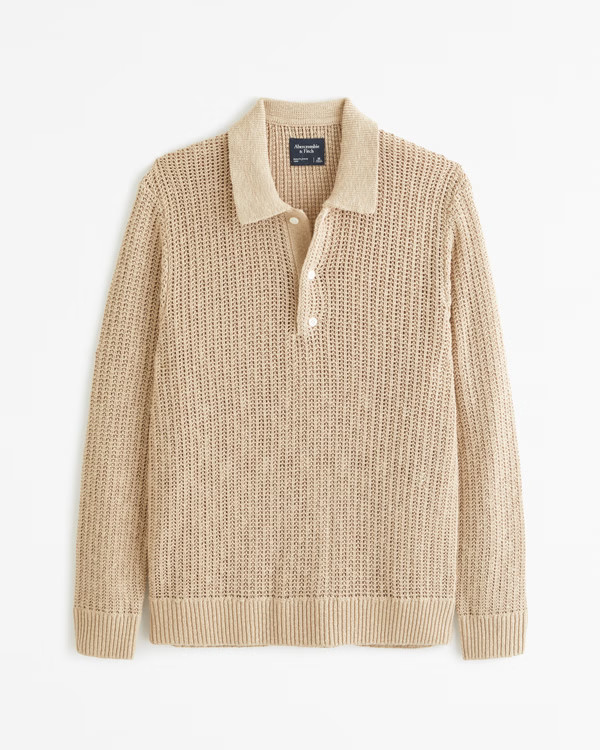 Open Stitch Long-Sleeve 3-Button Sweater Polo | Abercrombie & Fitch (US)