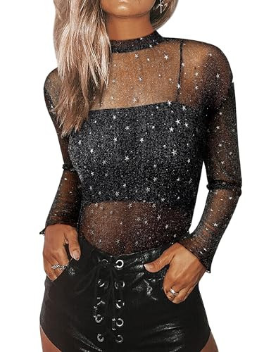 FEMLE Womens Star Mesh Long Sleeve Top Nashville Sparkly Sheer Tops Glitter See Through Shirt Concert Rave Party Outfits | Amazon (US)