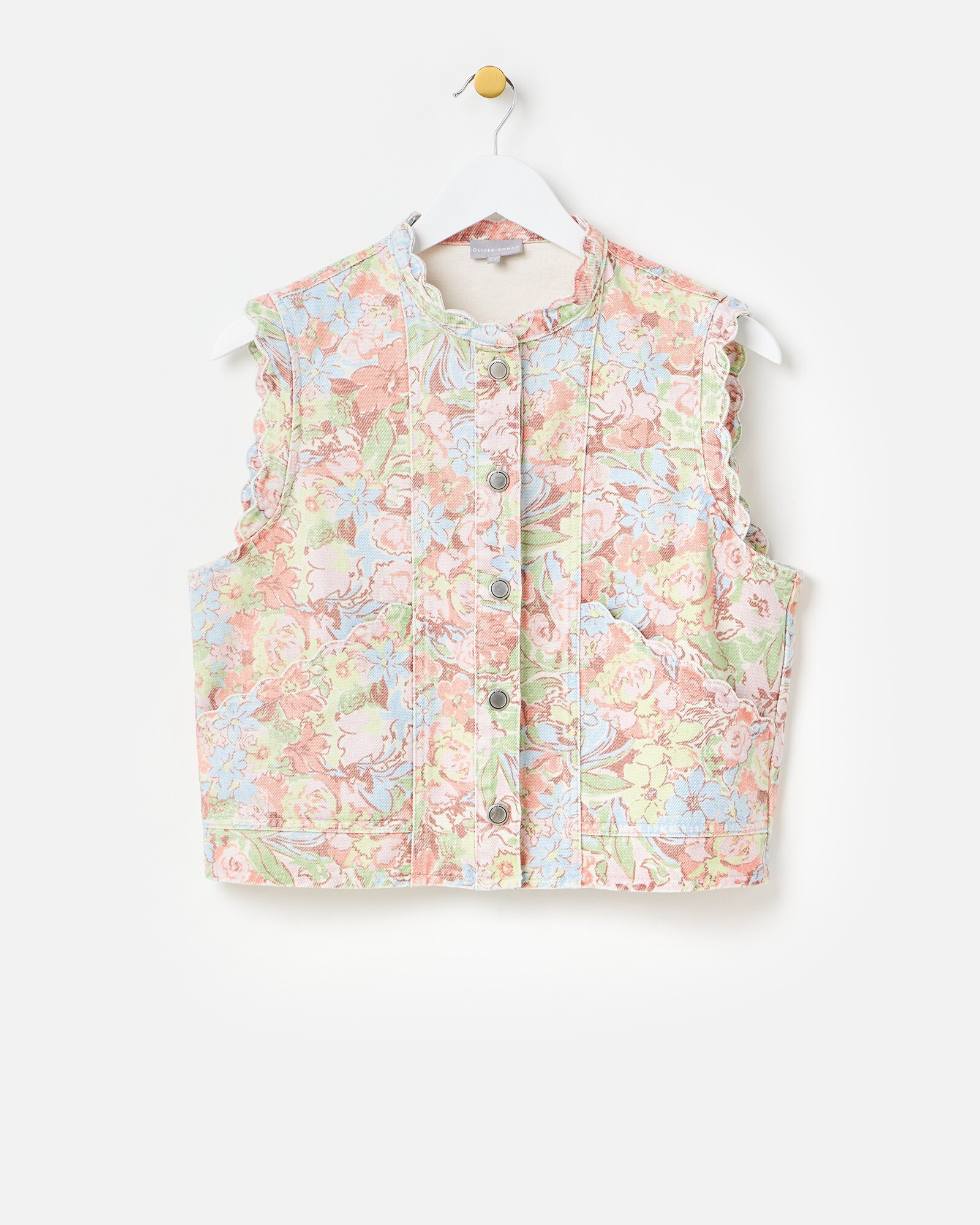 Pastel Floral Print Scalloped Denim Waistcoat | Oliver Bonas | Oliver Bonas (Global)