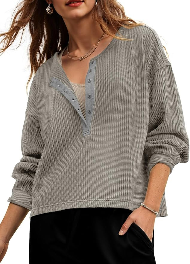 Fisoew Womens Cropped Sweatshirt Casual Waffle Knit Button V Neck Long Sleeve Loose Fit Fall Crop... | Amazon (US)