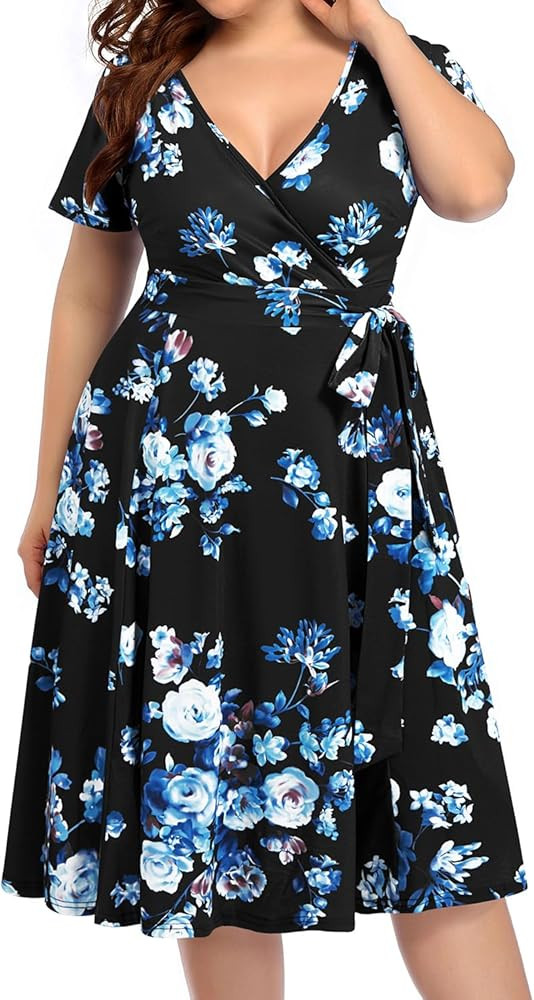 Plus Size Wrap V Neck Midi Casual Wedding Guest Short Flutter Sleeve Summer Dress | Amazon (US)