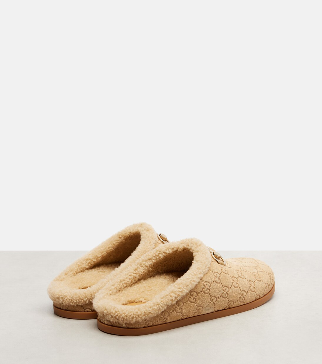 Horsebit GG shearling-trimmed suede mules | Mytheresa (US/CA)