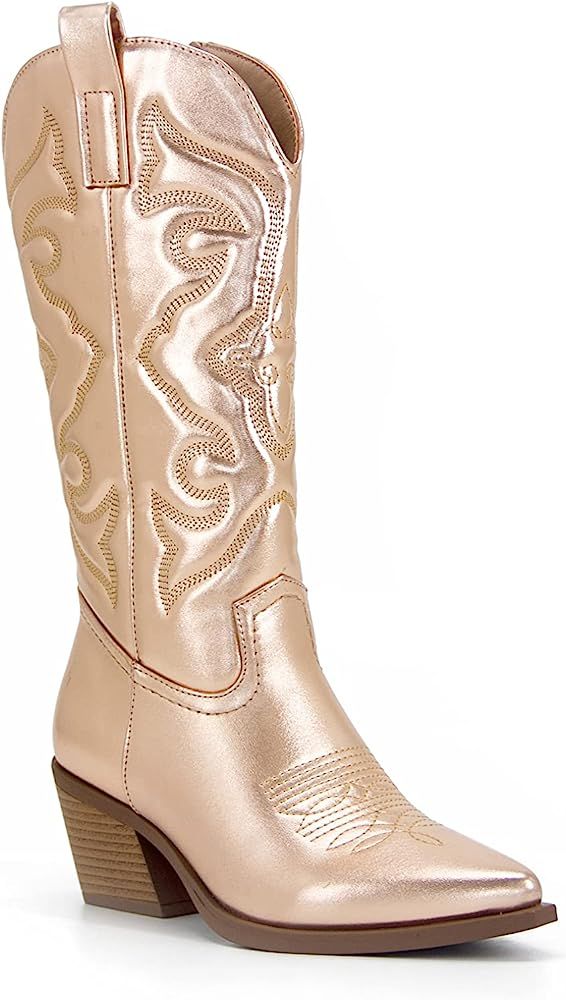 MissHeel Mid Calf Cowgirl Boots Embroidered Full Side Zipper | Amazon (US)
