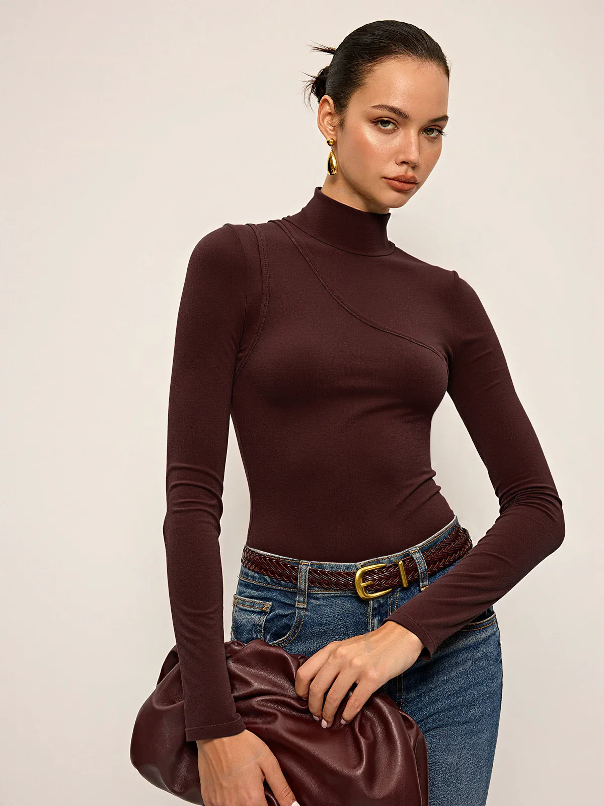 Seam Detail Mock Neck Long-Sleeve T-Shirt | Commense